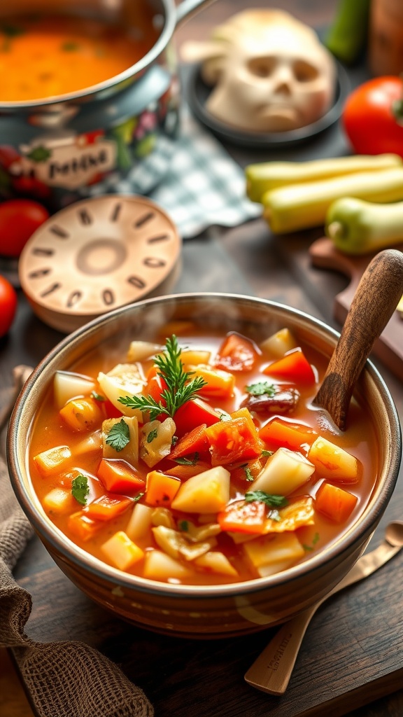 A hearty bowl of cabbage soup with vegetables, garnished with herbs, in a cozy kitchen setting.